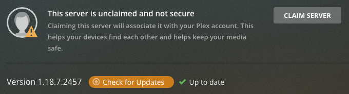 Plex Media Server showing a warning that it is unclaimed and providing information for claiming the server