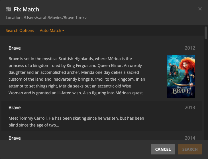 The Fix Match window showing the default matching results for the movie Brave