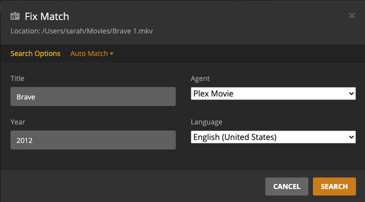 The Fix Match window, with the Search Options tab selected and manually searching for title Brave and year 2012