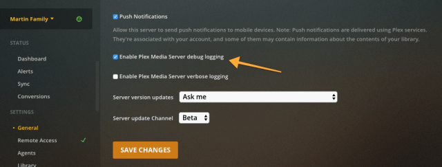 enable plex media server verbose logging