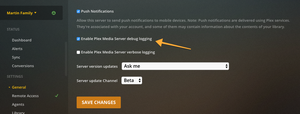 Highlighting the debug logging option in the General section of Plex Media Server settings