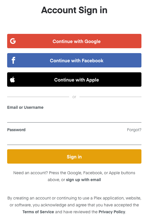 Plex account sign-in is available using Google, Facebook, Apple, or email address