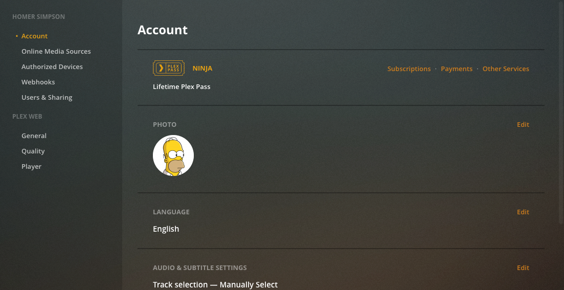 The account settings page for Homer Simpson