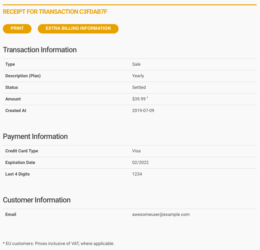This is an example receipt for a Plex Pass subscription transaction