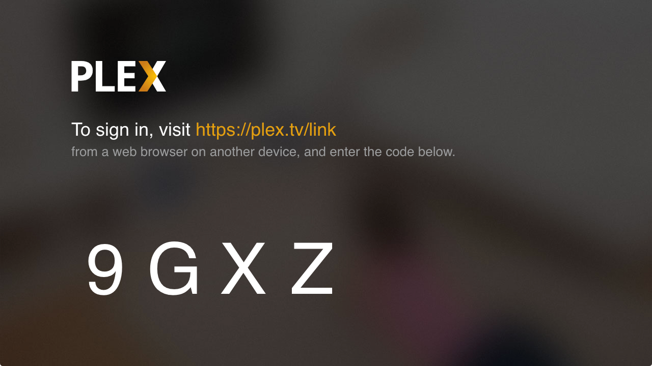 The sign in screen for a big screen Plex app, showing an example 4-character linking code