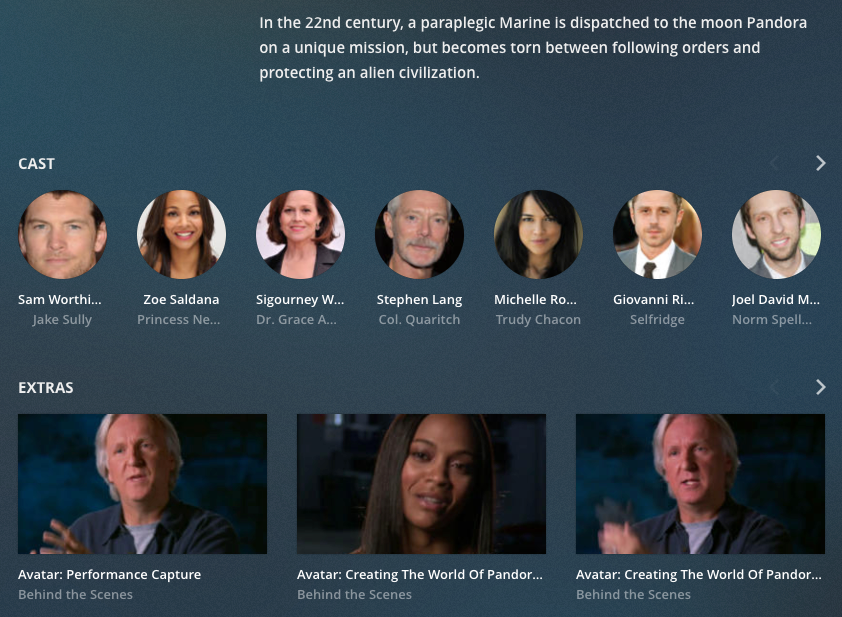 Screenshot of Plex Web App, showing several extras for the movie Avatar