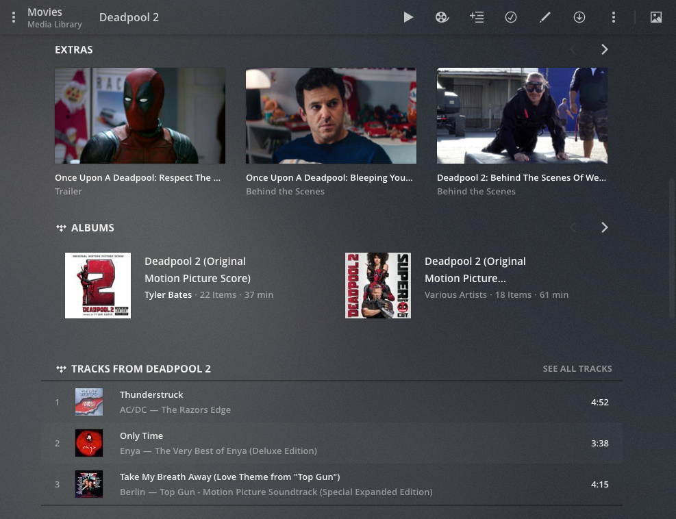 The preplay screen for the movie Deadpool 2, showing soundtracks and related tracks