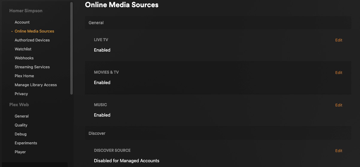 The 'Settings > Online Media Sources' page in the web app. It shows 'Live TV' as enabled for everyone, 'Movies & TV' enabled for everyone, 'Music' enabled for everyone, and 'Discover' set to Disabled for Managed Accounts.