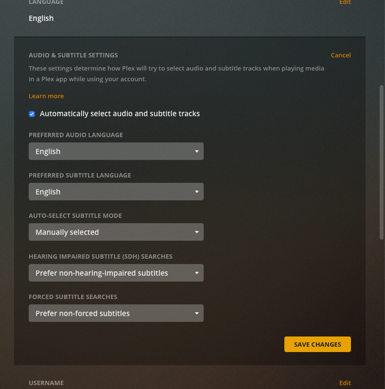 The specific audio/subtitle settings available for the Plex account