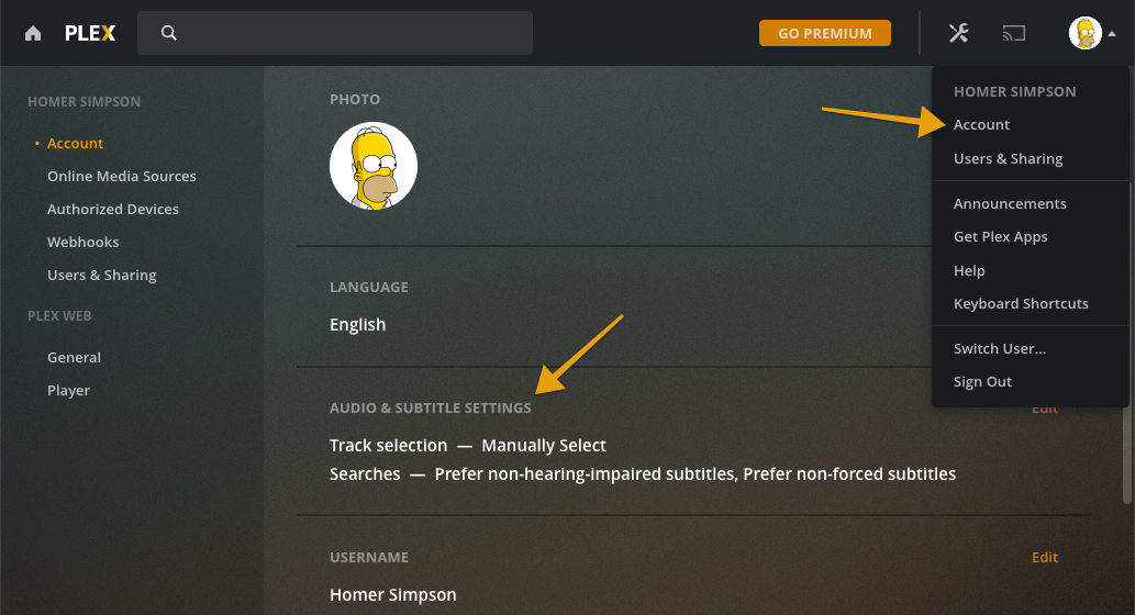 Account settings in the web app, showing where to access audio & subtitle settings