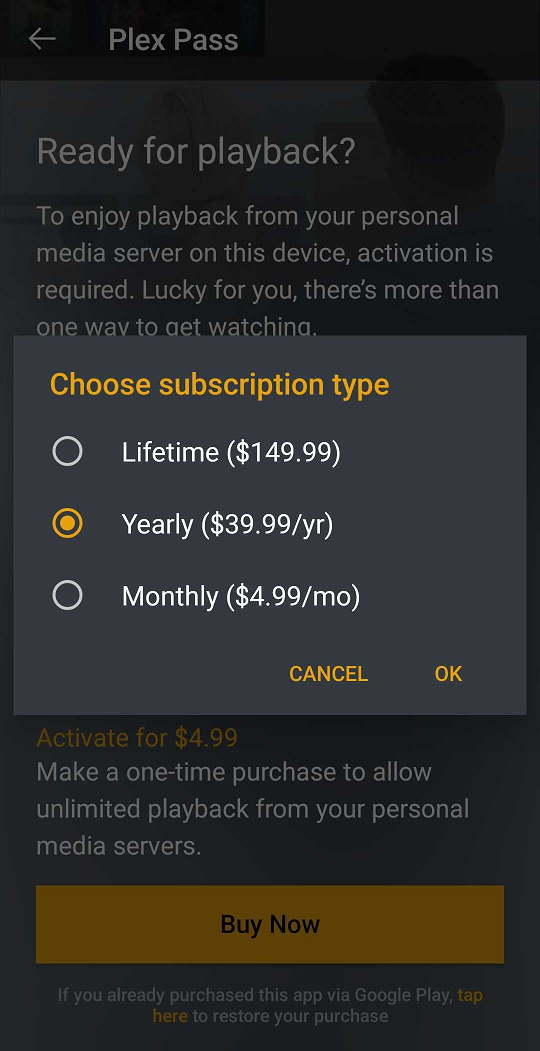 Android device showing window listing the monthly, yearly, and lifetime Plex Pass subscription pricing and letting the user choose the desired plan.