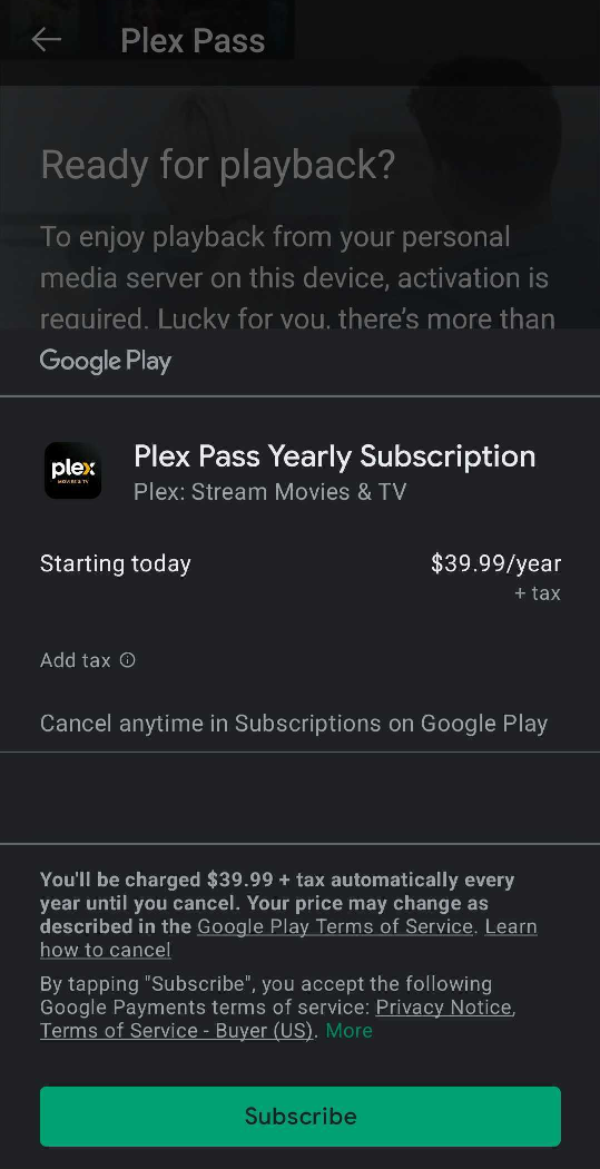Android device showing the normal confirmation screen from Google Play when starting a subscription. It lists the price, that it is recurring, etc.