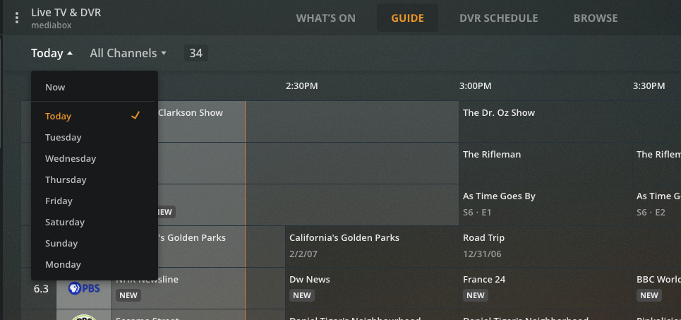 Dropdown in channel guide, allowing selection of which day to view