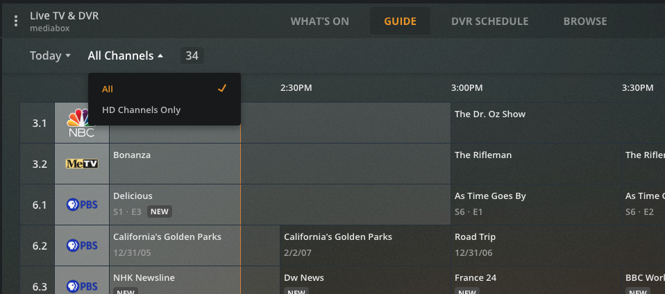 Dropdown in the channel guide, allowing choice of viewing only HD programs or all