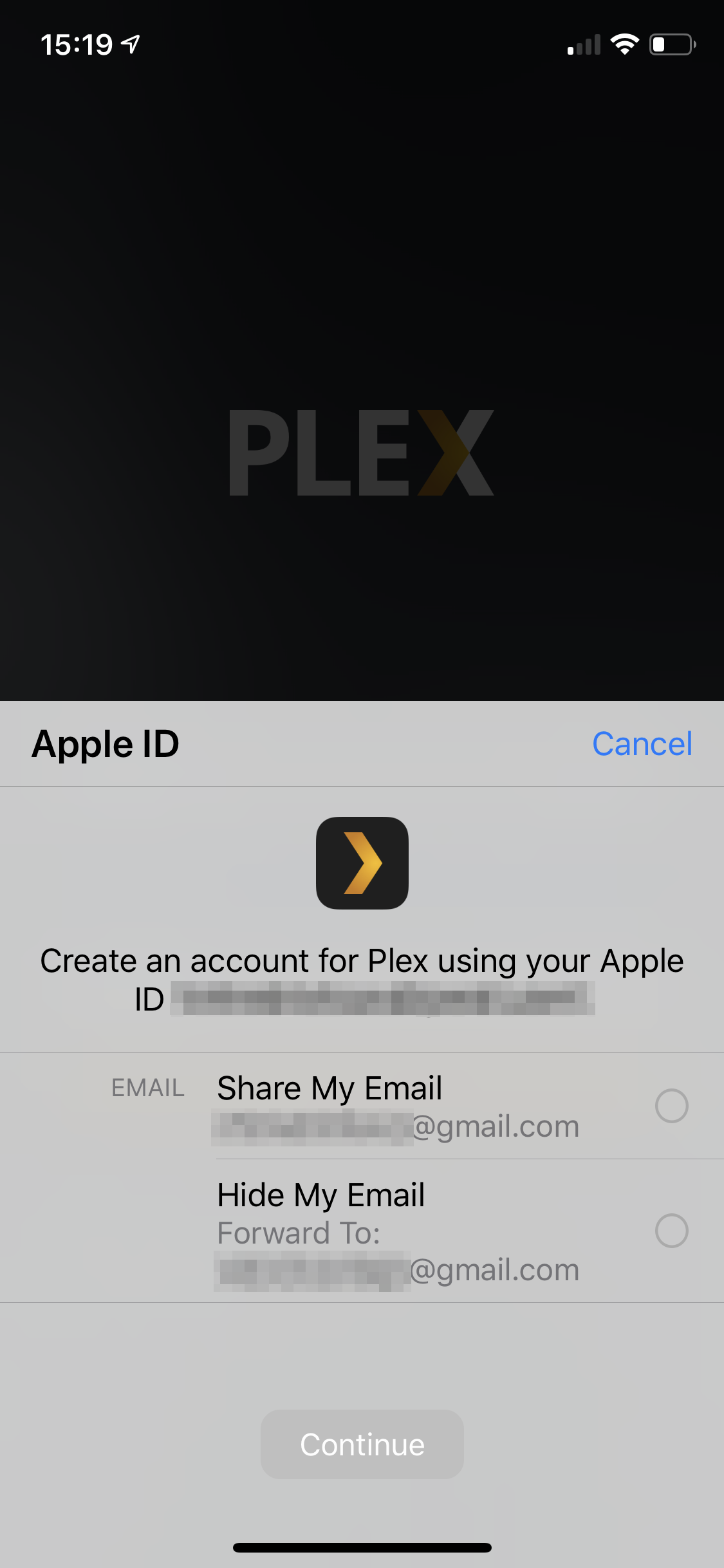 During the process to link an Apple ID for authentication, Apple offers a Hide My Email privacy option