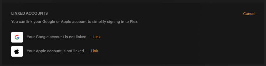 This shows the Linked Accounts section (of the Plex account settings in the web app) expanded. If a federated auth account is already linked, that status will be shown. Otherwise, users can choose to link a federated auth account to their Plex account.