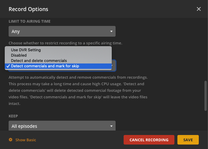 Expanded options for the Remove Commercials preference under individual recording settings