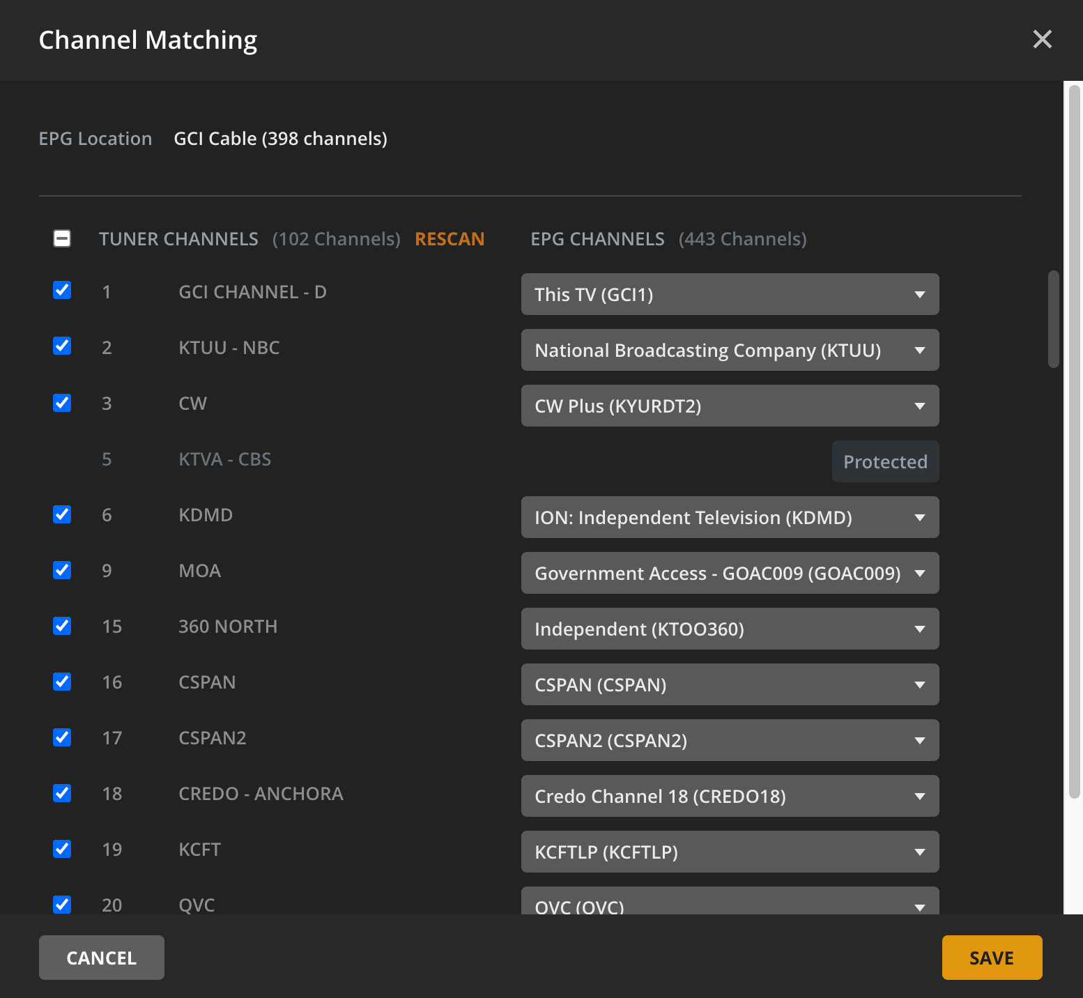The channels associated with a specific tuner can be managed at any time. The tuner-to-lineup mapping can be adjusted as well as enabling/disabling a channel to be included in the guide.