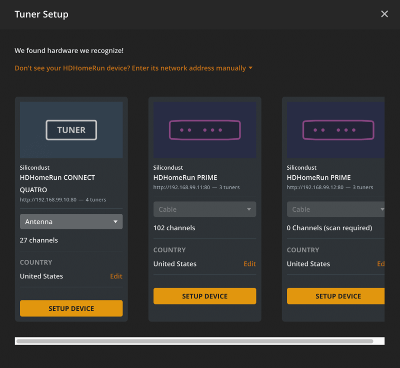 The Tuner Setup window for Plex Media Server, displayed in the web app. It shows three tuners found and available to set up for the DVR.