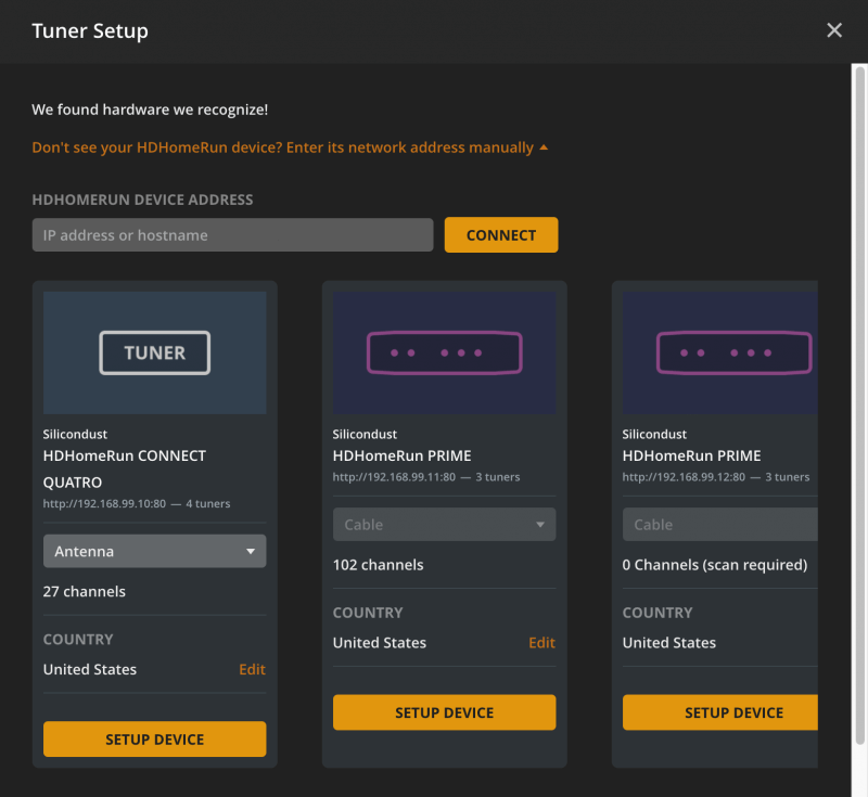 The Tuner Setup window for Plex Media Server. Shows the field allowing a user to specify an IP address to search for a network tuner.