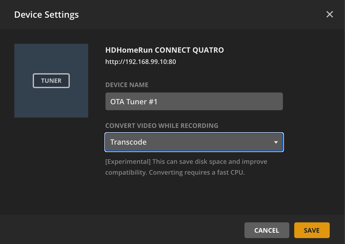 A screen allowing a user to adjust settings for most HDHomeRun tuners. The device name can be set, as well as Transcode settings.