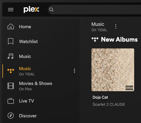 Our web app, with the left navigation sidebar open and the MUSIC (On TIDAL) source selected.