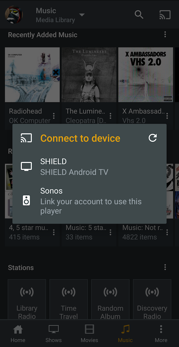 The Players menu in the Android app, showing a Sonos player available for linking