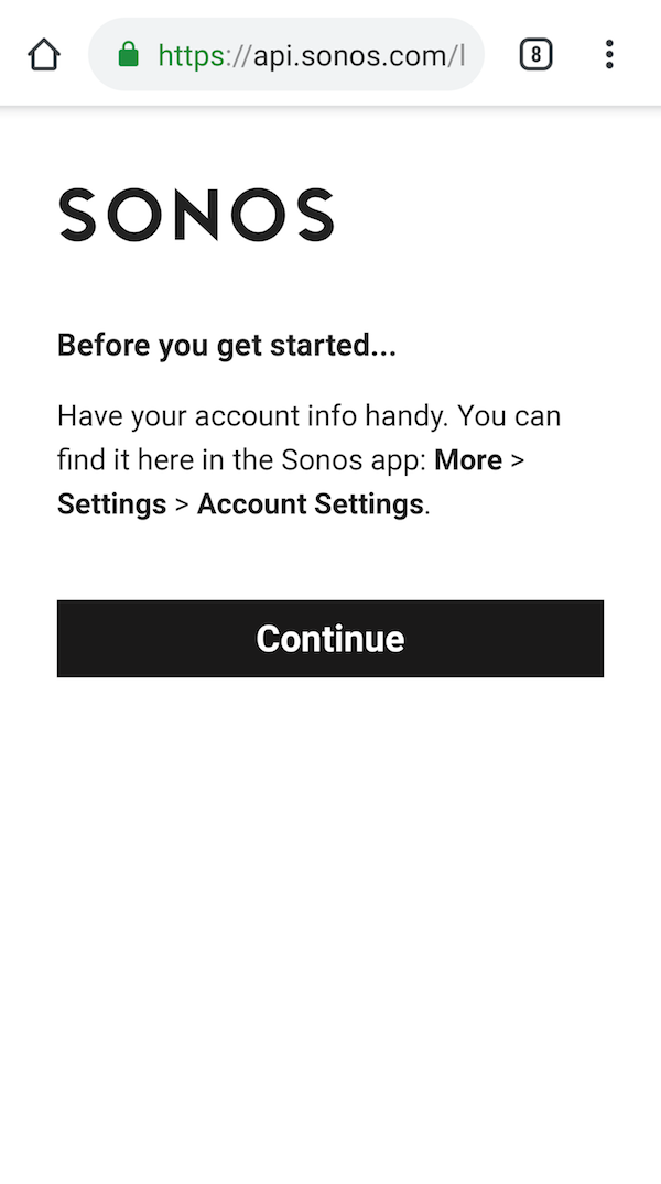 The initial step on the Sonos website to allow linking the Sonos device to a Plex account