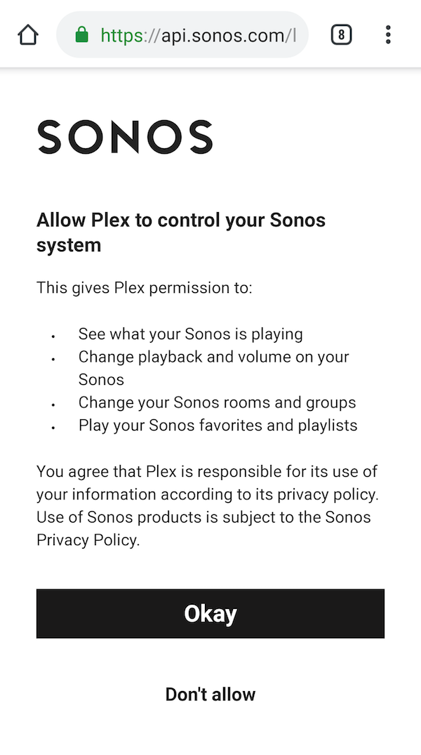 The final step on the Sonos website, authorizing your Plex account