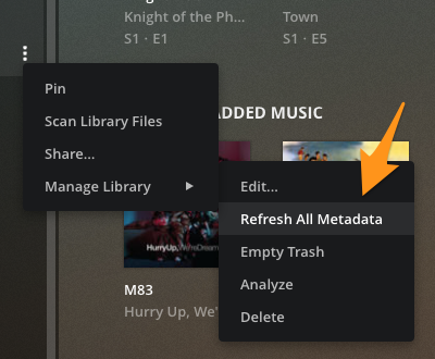 Manage Library menu from library sidebar, showing Refresh All Metadata action highlighted