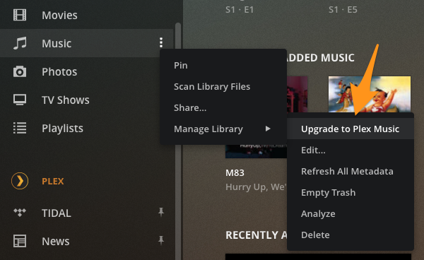 The Upgrade to Plex Music action highlighted from the left sidebar in the web app