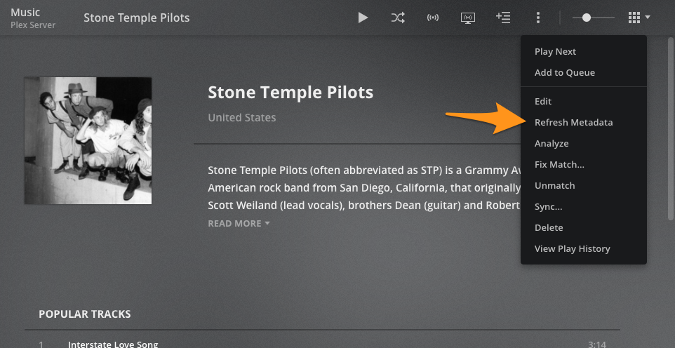 Artist preplay in Plex Web App, highlighting the Refresh Metadata action from the menu