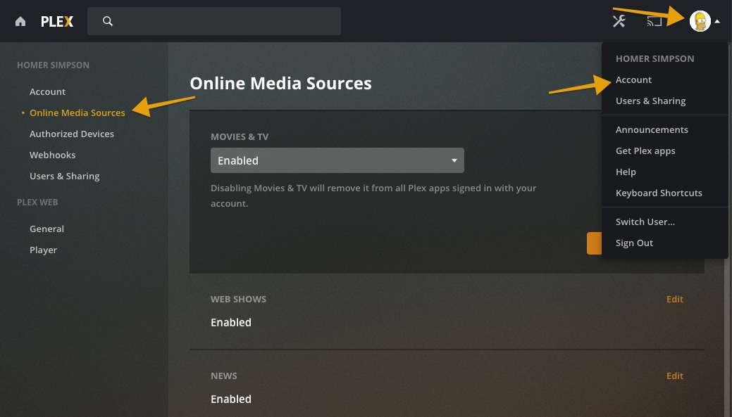 Open the user menu, choose Account, then Online Media Sources to choose accessibility for the Movies & TV source