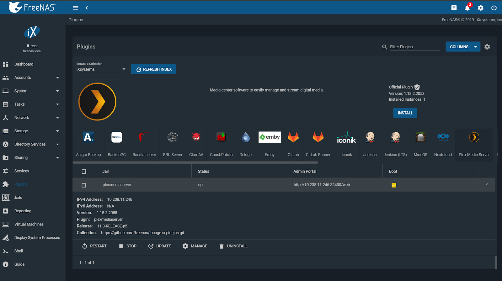 The Plex Media Server plugin for FreeNAS can be managed after installation
