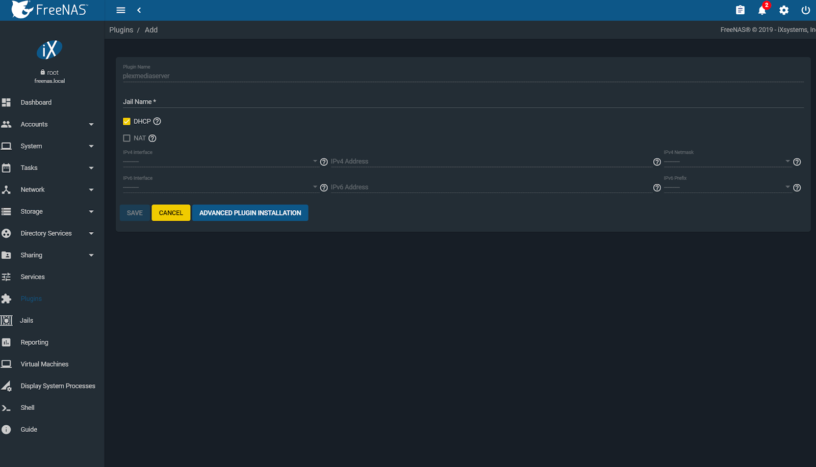 Configuration of the Plex Media Server plugin for FreeNAS, where the desired name and network settings can be specified