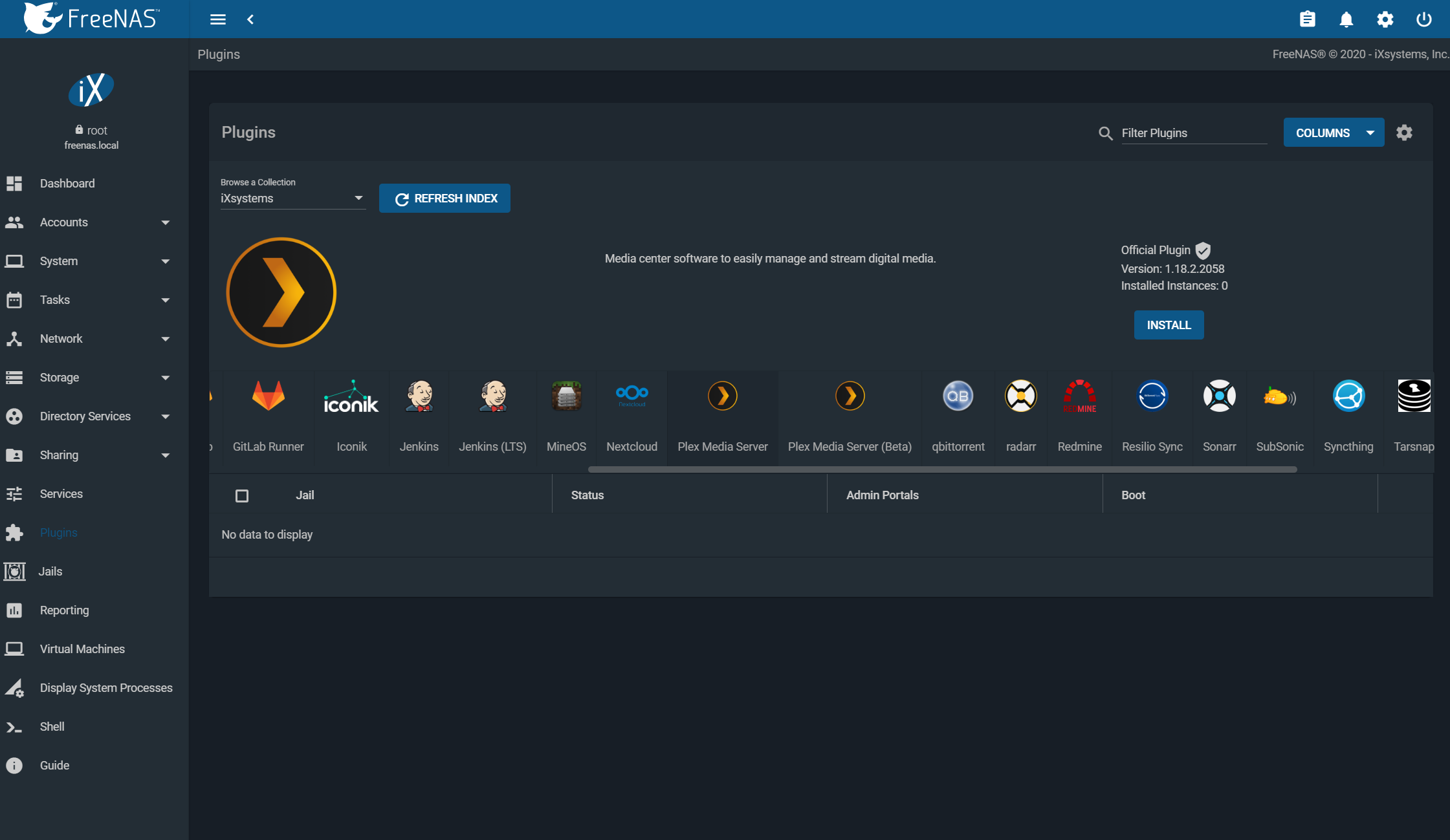 A screenshot of the FreeNAS plugin repository, with Plex Media Server listed