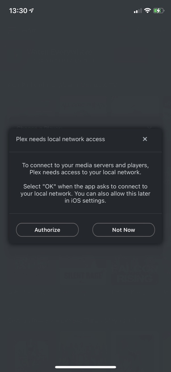 A prompt in the Plex iOS app to explain why we're asking for permission to access the local network