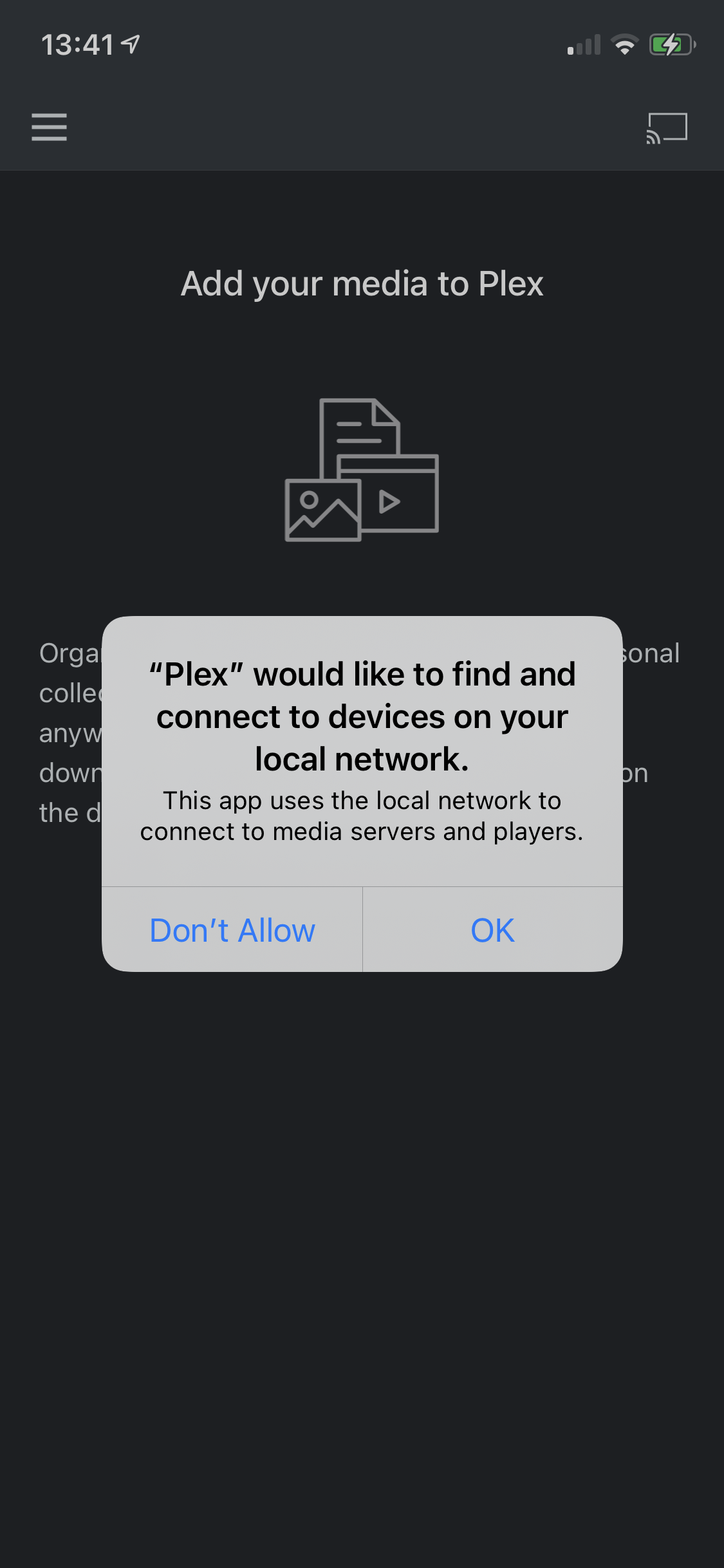 A permission prompt in iOS 14 to allow local network access with the Plex app
