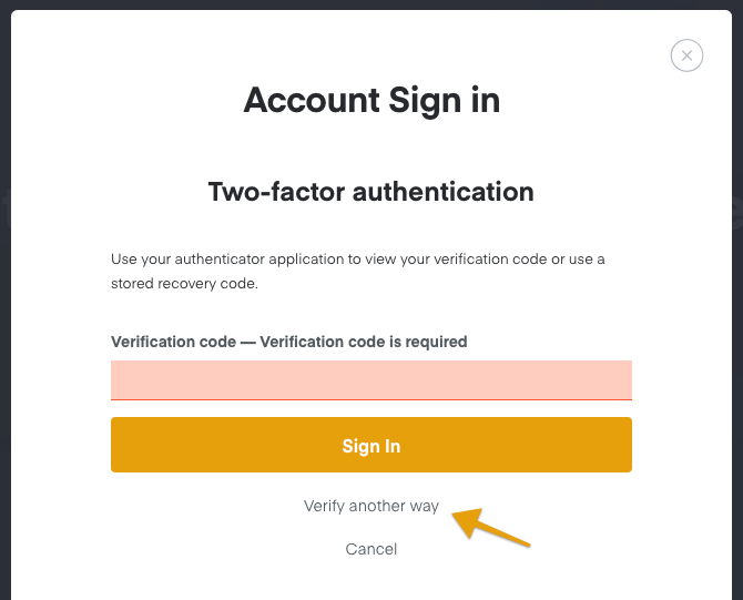 Screenshot showing the `Verify another way` option that appears on the login page where a 2FA verification code would be entered.