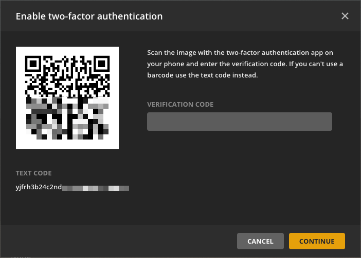 Instructions and a QR code are displayed for setting up two-factor authentication on a Plex account