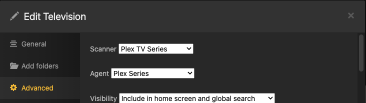 Shows the top of the modal window for editing a TV library. The Advanced tab is selected and Scanner, Agent, and Visibility preferences are visible.