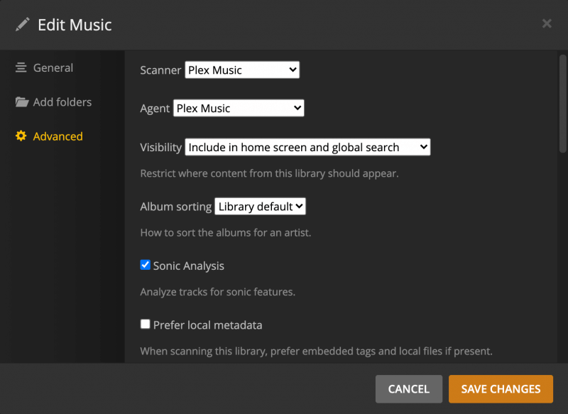 The edit modal for a music library, showing the Sonic Analysis setting under the Advanced tab.