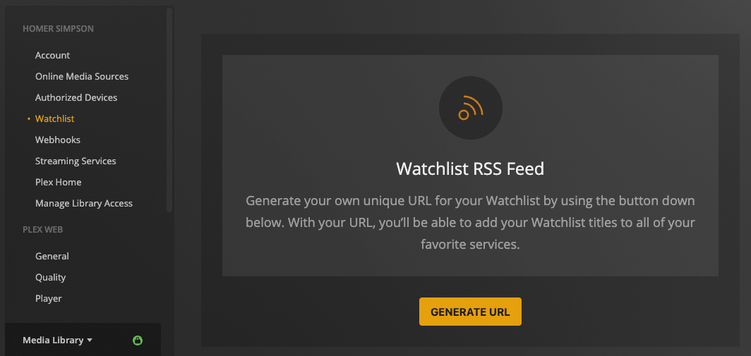 The Watchlist section of the web app settings, where an option is available to generate a RSS feed for the Watchlist.