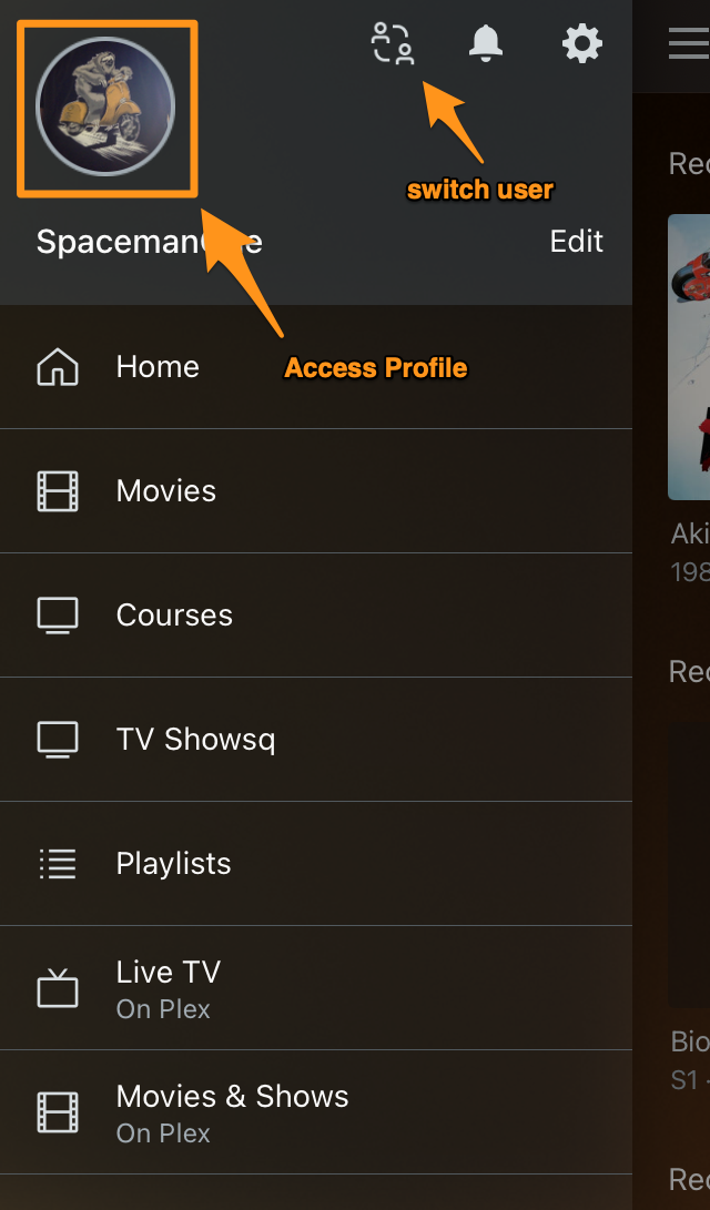 The open sidebar in our mobile Plex app, highlighting the buttons to switch users (in a Plex Home) as well as to access the account Profile.