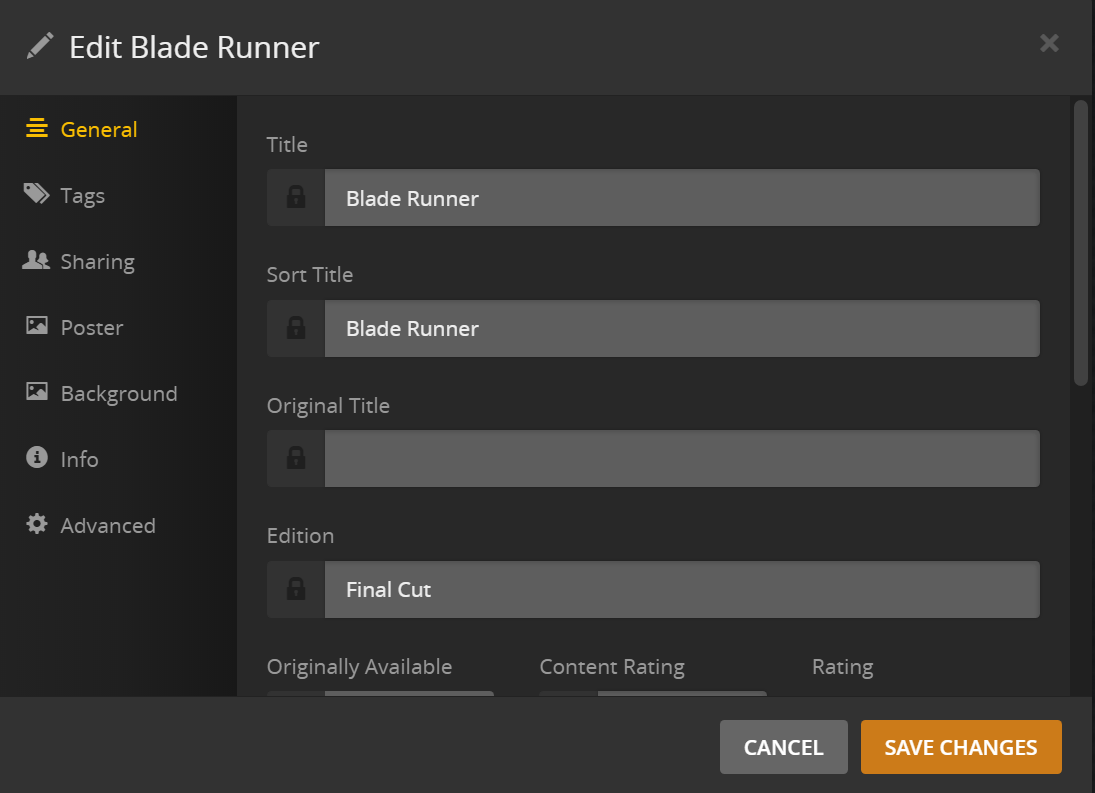 The edit dialog in the web app for the movie Blade Runner, showing the 'Edition' field being available and set to the value of 'Final Cut'.
