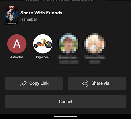 The 'Share With Friends' sheet in a mobile Plex app, showing the 'Copy Link' and 'Share via...' buttons that are available.