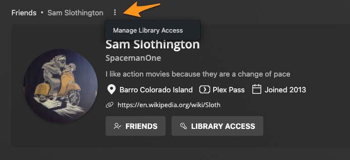 Viewing the profile of a friend in the web app, highlighting the 'Manage Library Access' action available to a Plex Media Server admin.