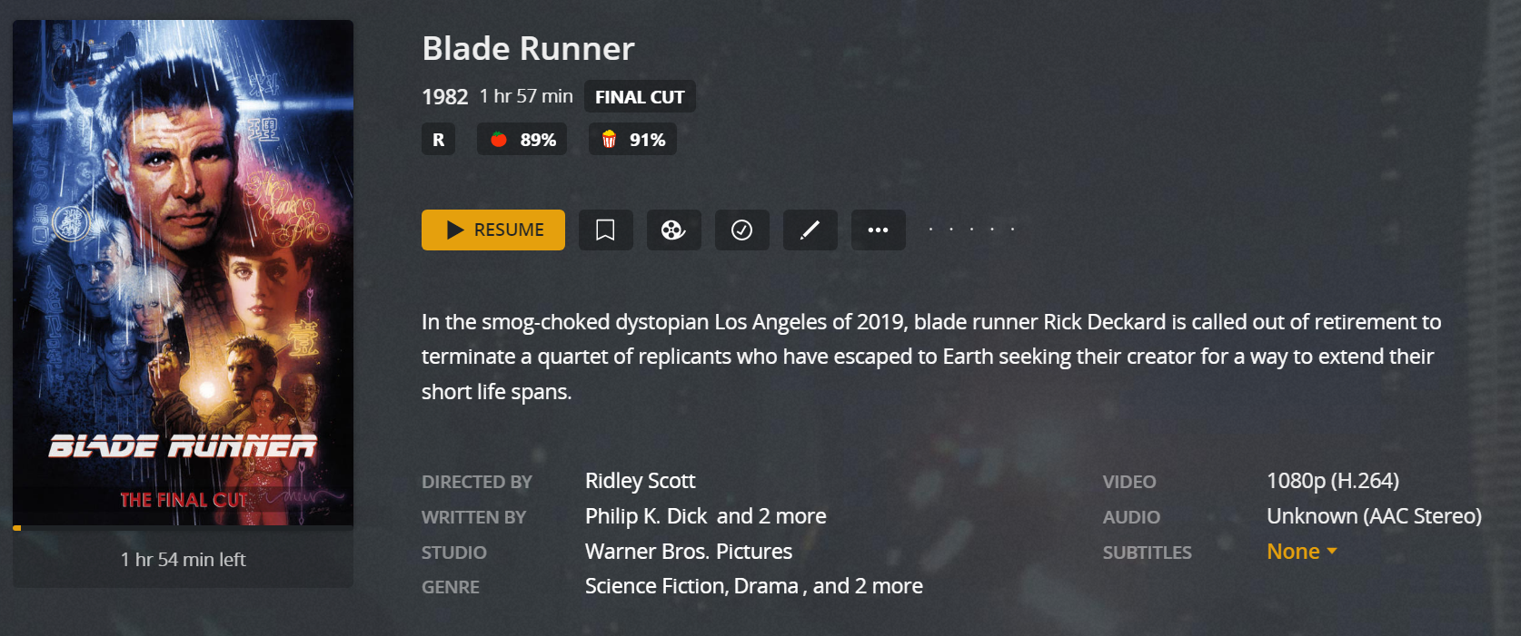 Details page for a 'Final Cut' edition of the movie Blade Runner, showing the 'Final Cut' Edition tag displayed.