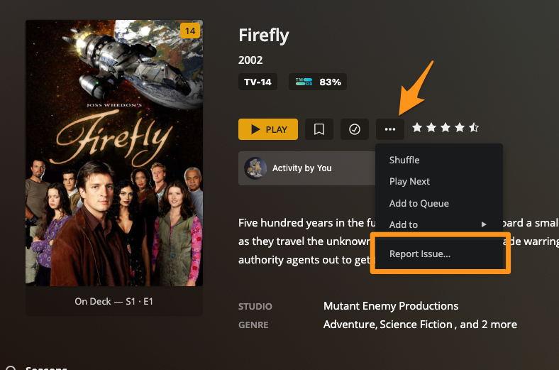 The details page in the web app of a TV show from a friend's Plex Media Server, showing the 'Report Issue...' action available in the context menu.
