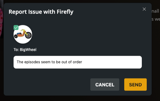 The 'Report Issue' window in the web app, showing a message about the item being sent to the Plex Media Server admin.